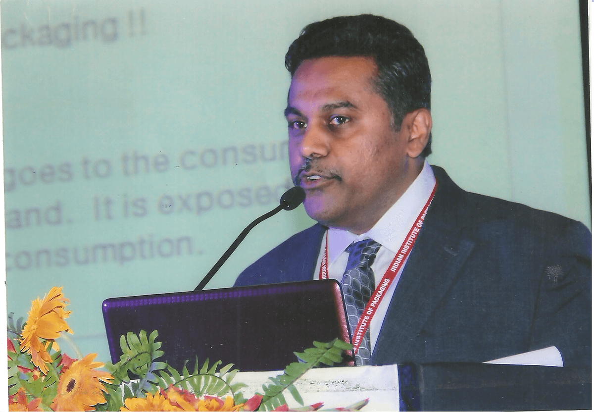 Joy Doctor giving a speech at the Indian Institute Of Packaging