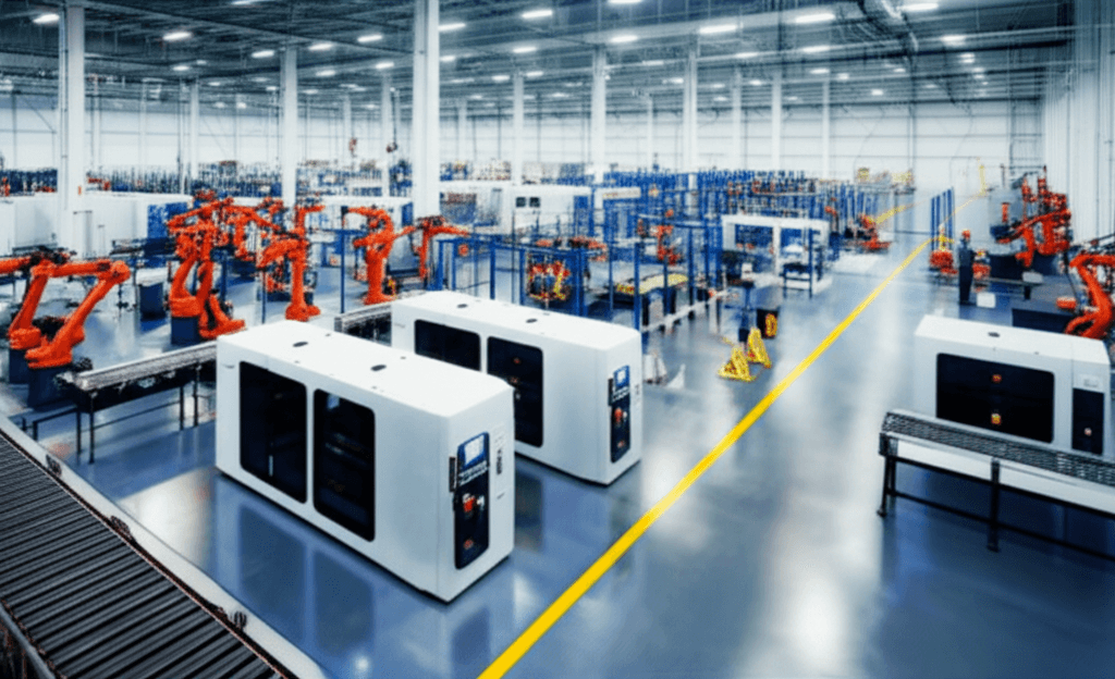 Wide-angle view of a modern industrial automation factory floor