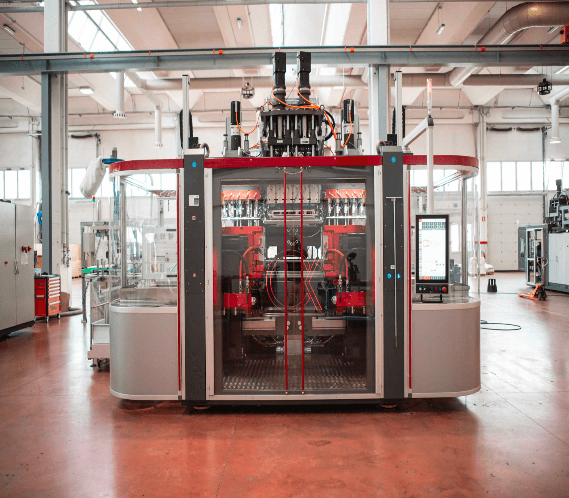 Blow-molding machine in operation
